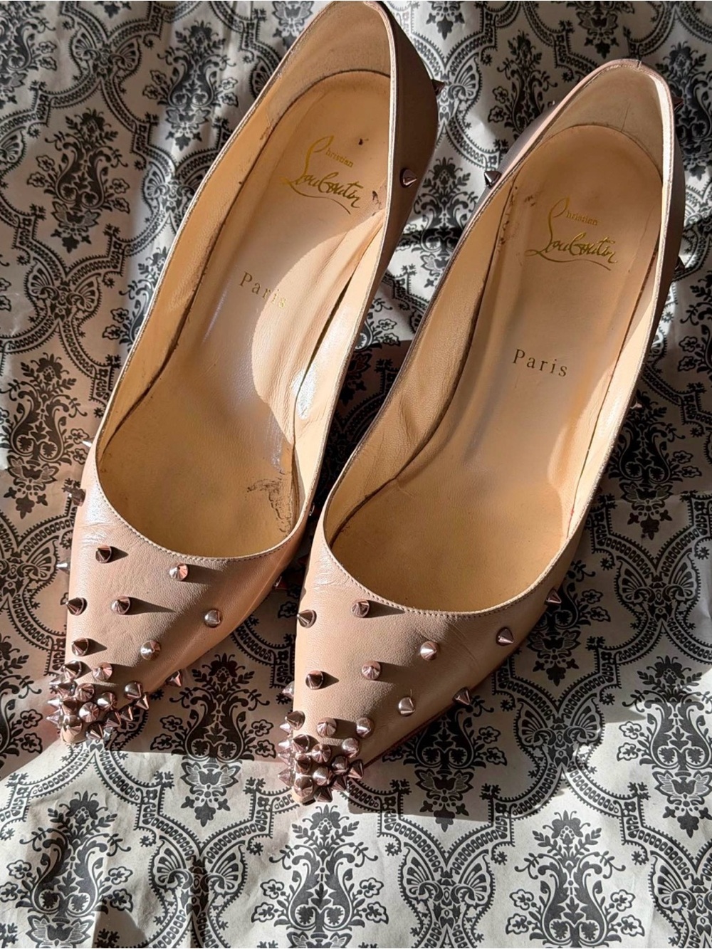 SOLD - Christian Louboutin Blush Nude Leather Pointed-Toe Stud Pumps